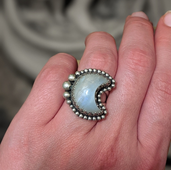 Sterling Silver Moonstone Crescent Moon Ring - Picture 3 of 10